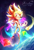 Size: 2804x4096 | Tagged: safe, artist:axely4001, sonic the hedgehog, super sonic, 2024, abstract background, chaos emerald, flying, frown, looking back, outer space, signature, solo, space, sparkles, star (sky), super form, treads, watermark