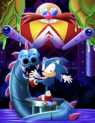 Size: 2550x3300 | Tagged: safe, artist:jokerofgotham, rexxon, robotnik, sonic the hedgehog, sonic spinball, abstract background, balancing, classic sonic, pinball flipper, robot, standing on one leg, toxic caves, trio, water