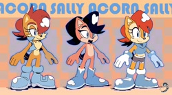 Size: 3508x1949 | Tagged: safe, artist:anouckyshim, sally acorn, abstract background, character name, design comparison, prototype sally, sally's ringblader outfit, sally's vest and boots, solo