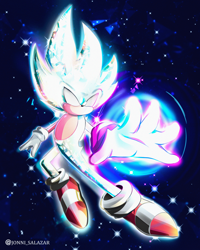 Size: 2696x3366 | Tagged: safe, artist:jonnisalazar, sonic the hedgehog, abstract background, hyper form, hyper sonic, signature, solo, sparkles, star (sky)