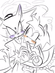 Size: 1536x2048 | Tagged: safe, artist:moved-goodbai, amy rose, blaze the cat, cat, hedgehog, 2020, amy x blaze, amy's halterneck dress, blaze's tailcoat, blushing, cute, female, females only, lesbian, looking at each other, shipping, sketch, sweatdrop