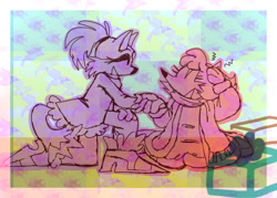 Size: 700x500 | Tagged: safe, artist:splashgarden, amy rose, blaze the cat, cat, hedgehog, 2017, amy x blaze, blaze's tailcoat, cute, eyes closed, female, females only, hand on head, holding hands, kneeling, lesbian, shipping