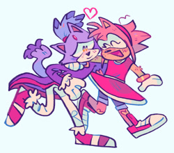 Size: 966x851 | Tagged: safe, artist:starfall-isle, amy rose, blaze the cat, cat, hedgehog, 2020, amy x blaze, amy's halterneck dress, blaze's tailcoat, cute, eyes closed, female, females only, hand on shoulder, heart, lesbian, mouth open, shipping, walking