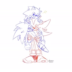 Size: 2035x2035 | Tagged: safe, artist:hownixesn, shadow the hedgehog, sonic the hedgehog, sonic x shadow generations, 2024, carrying them, classic sonic, frown, gay, line art, shadow x sonic, shipping, signature, simple background, smile, star (symbol), tongue out, trio, white background, wink