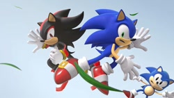 Size: 828x466 | Tagged: safe, shadow the hedgehog, sonic the hedgehog, hedgehog, sonic x shadow generations, 2024, classic sonic, grass, grass blade, looking at viewer, male, posing, screencap, trio