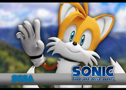 Size: 2100x1500 | Tagged: safe, artist:caposavegepop, miles "tails" prower, sonic the hedgehog (2006), 2023, 3d, abstract background, remake, sega logo, smile, solo, wallpaper, waving