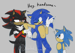 Size: 1754x1240 | Tagged: safe, artist:blueinkydemon, shadow the hedgehog, sonic the hedgehog, sonic x shadow generations, 2024, classic sonic, english text, flirting, gay, grey background, growling, looking at them, question mark, shadow x sonic, shipping, signature, simple background, standing, trio, wink