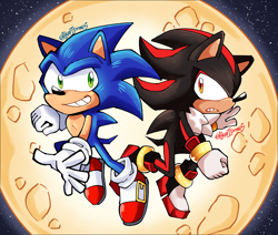 Size: 2600x2200 | Tagged: safe, artist:akarisandraws, shadow the hedgehog, sonic the hedgehog, sonic x shadow generations, 2024, abstract background, chibi, duo, frown, mid-air, moon, nighttime, outdoors, redraw, signature, smile