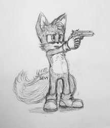 Size: 640x741 | Tagged: safe, artist:s_e_v_y_, miles "tails" prower, gun, holding something, looking offscreen, movie style, pencilwork, sketch, solo, standing, traditional media