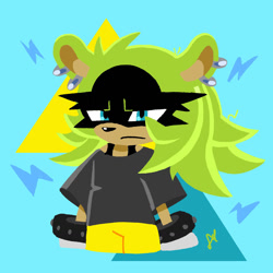 Size: 1280x1280 | Tagged: safe, artist:pkrockinon, surge the tenrec, abstract background, frown, hair down, lidded eyes, lightning bolt, looking at viewer, signature, solo