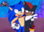 Size: 1960x1403 | Tagged: safe, artist:anidoodlez, shadow the hedgehog, sonic the hedgehog, sonic prime, 2024, abstract background, arm around shoulders, blushing, duo, frown, gay, hand on hip, lidded eyes, looking offscreen, mouth open, redraw, reference inset, shadow x sonic, shipping, signature, smile, sonic prime s3, standing, the grim (sonic prime), v sign