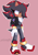 Size: 1621x2297 | Tagged: safe, artist:anidoodlez, shadow the hedgehog, 2023, chipped ear, crop top, g.u.n logo, gender swap, hair over one eye, jacket, looking offscreen, movie style, outline, pants, pink background, signature, simple background, solo, white outline