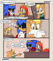 Size: 1015x1158 | Tagged: safe, artist:risziarts, sally acorn, sonic the hedgehog, oc, oc:alicia acorn, 25/30 years later, au:sonic world travel, blue power pattern, comic, crown, cyan power pattern, family, father and daughter, king sonic, marriage ring, mother and daughter, queen sally acorn, roboticized, sally x sonic, shipping, straight, tiara