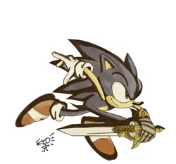 Size: 1000x932 | Tagged: safe, artist:uhhky0, sonic the hedgehog, sonic and the black knight, 2024, holding something, looking ahead, looking offscreen, running, signature, simple background, smile, solo, style emulation, sword, white background