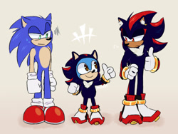 Size: 2048x1539 | Tagged: safe, artist:tawfee, shadow the hedgehog, sonic the hedgehog, sonic x shadow generations, 2024, classic sonic, cute, kigurumi, looking at each other, looking at them, self paradox, shadow onesie, sonabetes, standing, thumbs up, trio