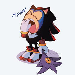 Size: 2048x2048 | Tagged: safe, artist:nenemyun, black doom, sonic the hedgehog, sonic x shadow generations, character doll, classic sonic, doom's eye, holding something, sfx, signature, simple background, solo, standing, stuffed animal, yawning