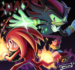 Size: 1967x1827 | Tagged: safe, artist:ifoundyoufaker, knuckles the echidna, shadow the hedgehog, sonic the hedgehog 3 (film), 2024, black background, frown, looking at viewer, signature, simple background, smile