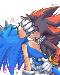 Size: 1080x1350 | Tagged: safe, artist:mav3s_illus, shadow the hedgehog, sonic the hedgehog, 2024, bite mark, blood, duo, gay, holding them, licking, licking chest, lidded eyes, shadow x sonic, shipping, signature, simple background, sketch, sweatdrop, tongue out, white background