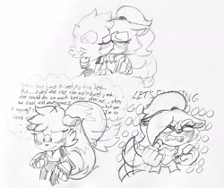 Size: 2048x1724 | Tagged: safe, artist:sonicrelated, tangle the lemur, whisper the wolf, 2023, blushing, dialogue, duo, english text, eyes closed, first kiss, floppy ears, holding each other, kiss, lesbian, line art, shipping, simple background, standing, tangle x whisper, wagging tail, white background