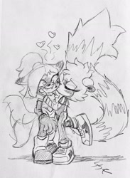 Size: 1500x2048 | Tagged: safe, artist:sonicrelated, tangle the lemur, whisper the wolf, 2024, blushing, blushing ears, duo, fangs, floppy ears, heart, heart eyes, kiss on cheek, lesbian, line art, pencilwork, shipping, smile, standing, tangle x whisper, traditional media, wagging tail