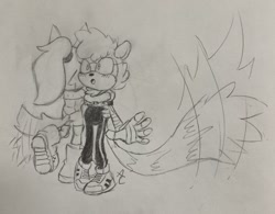 Size: 1024x798 | Tagged: safe, artist:sonicrelated, tangle the lemur, whisper the wolf, 2022, blushing, duo, hugging, lesbian, line art, pencilwork, shipping, standing, surprise hug, surprised, tangle x whisper, traditional media, wagging tail