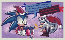 Size: 2048x1273 | Tagged: safe, artist:majindoodles, sage, sonic the hedgehog, sonic frontiers, 2023, abstract background, bomb, christmas, christmas outfit, dialogue, duo, english text, holding something, mouth open, present, robotnik's logo, santa hat, smile, sweatdrop, this won't end well