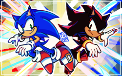 Size: 1404x874 | Tagged: safe, artist:peachybunana, shadow the hedgehog, sonic the hedgehog, sonic x shadow generations, abstract background, duo, frown, mid-air, posing, smile