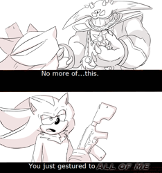 Size: 2048x2185 | Tagged: safe, artist:adhd-sonic-the-hedgehog, black doom, shadow the hedgehog, dialogue, duo, english text, gun, holding something, how to train your dragon, i am all of me, shadow the hedgehog (video game), simple background, white background