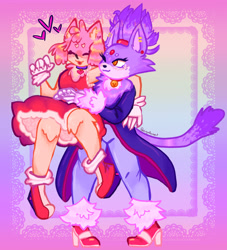 Size: 2048x2253 | Tagged: safe, artist:femmejesterart, amy rose, blaze the cat, cat, hedgehog, 2022, amy x blaze, amy's halterneck dress, blaze's tailcoat, carrying them, cute, eyes closed, female, females only, hearts, lesbian, shipping