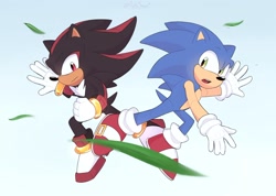 Size: 2048x1459 | Tagged: safe, artist:antosnap_, shadow the hedgehog, sonic the hedgehog, sonic x shadow generations, 2024, duo, frown, gradient background, grass, looking at viewer, mid-air, mouth open, redraw