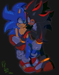 Size: 1087x1389 | Tagged: safe, artist:renketroo, shadow the hedgehog, sonic the hedgehog, sonic x shadow generations, 2024, against wall, clenched teeth, duo, frown, gay, grey background, looking at each other, pinning them, shadow x sonic, shipping, signature, simple background, smile