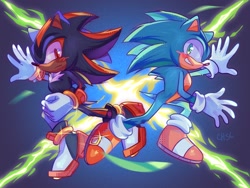 Size: 2048x1536 | Tagged: safe, artist:cheap-slaw, shadow the hedgehog, sonic the hedgehog, sonic x shadow generations, 2024, abstract background, blushing, duo, frown, looking at viewer, mid-air, redraw, smile