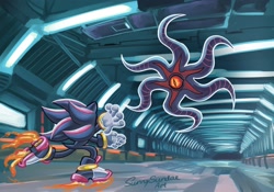 Size: 2048x1431 | Tagged: safe, artist:sunnyaliceart, black doom, shadow the hedgehog, sonic x shadow generations, 2024, abstract background, doom's eye, duo, indoors, looking at each other, signature, skating, space colony ark