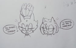 Size: 1280x815 | Tagged: safe, artist:askamaze, amy rose, blaze the cat, cat, hedgehog, 2018, amy x blaze, cute, english text, female, females only, lesbian, line art, shipping, sketch, speech bubble, talking, traditional media