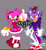 Size: 1445x1568 | Tagged: safe, artist:mayrageous, amy rose, blaze the cat, cat, hedgehog, 2024, amy x blaze, amy's halterneck dress, blaze's tailcoat, cute, duo, female, females only, frown, grey background, lesbian, looking at viewer, mouth open, open smile, shipping, simple background, smile, smiling at viewer, thumbs up