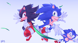 Size: 2044x1148 | Tagged: safe, artist:ihislucas, shadow the hedgehog, sonic the hedgehog, sonic x shadow generations, 2024, classic sonic, claws, frown, gradient background, grass, mid-air, mouth open, outline, redraw, self paradox, signature, tears, trio