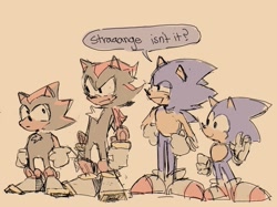 Size: 995x746 | Tagged: safe, artist:yourkidding, shadow the hedgehog, sonic the hedgehog, sonic x shadow generations, beige background, classic shadow, classic sonic, dialogue, english text, frown, group, meme, self paradox, simple background, sketch, smile, speech bubble, standing, strange isn't it?