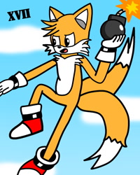 Size: 620x774 | Tagged: safe, artist:princess-paige-place-of-fun, miles "tails" prower, fox, angry, bomb, clouds, daytime, flying, gloves, shoes, sky background, tails adventure, text, two tails, yellow fur