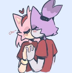 Size: 895x903 | Tagged: safe, artist:dizzyfish777, amy rose, blaze the cat, cat, hedgehog, 2024, amy x blaze, cute, eyes closed, female, females only, heart, holding hands, kiss, lesbian, shipping