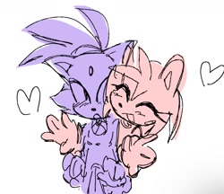 Size: 1582x1366 | Tagged: safe, artist:hydrappled, amy rose, blaze the cat, cat, hedgehog, 2024, amy x blaze, amy's halterneck dress, blaze's tailcoat, cute, eyes closed, female, females only, hearts, lesbian, shipping