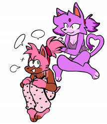 Size: 1763x2048 | Tagged: safe, artist:jane-trademark, amy rose, blaze the cat, cat, hedgehog, 2023, amy x blaze, cute, female, females only, lesbian, shipping, speech bubble