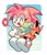 Size: 1757x2048 | Tagged: safe, artist:spaicy_project, amy rose, abstract background, amy's schoolgirl outfit, amybetes, blushing, border, classic amy, classic sonic (universe), clothes, cute, hands behind back, heart, heart tongue, looking at viewer, mouth open, skirt, solo, wink