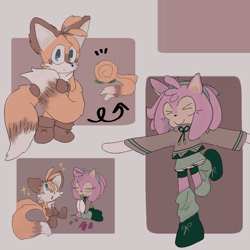 Size: 1280x1280 | Tagged: safe, artist:nixoon-again, amy rose, miles "tails" prower, abstract background, alternate outfit, amybetes, brown gloves, brown shoes, card, clothes, cute, duo, eyes closed, holding tail, looking at viewer, sitting, smile, sparkles, standing, tailabetes