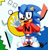 Size: 749x784 | Tagged: safe, artist:artisyone, nicky, sonic the hedgehog, 2021, abstract background, classic sonic, classic sonic (universe), looking at viewer, signature, smile, solo, standing, waving