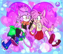 Size: 1757x1512 | Tagged: dead source, safe, artist:magicstormfrost, amy rose, blaze the cat, cat, hedgehog, 2021, amy x blaze, cute, female, females only, hearts, holding hands, lesbian, looking at each other, one eye closed, shipping