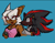 Size: 693x535 | Tagged: safe, artist:nightgarla, rouge the bat, shadow the hedgehog, alternate outfit, blue background, chipped ear, clothes, dark skin, duo, ear piercing, earring, female, holding something, looking at each other, male, phone, simple background, smartphone, smile, tan skin, top surgery scars, trans male, transgender