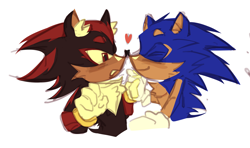 Size: 2048x1211 | Tagged: safe, artist:flixleoz, shadow the hedgehog, sonic the hedgehog, hedgehog, cute, duo, ear fluff, eyes closed, gay, heart, holding hands, looking at them, male, nose boop, noses are touching, shadow x sonic, shadowbetes, shipping, simple background, smile, sonabetes, top surgery scars, trans male, transgender, white background