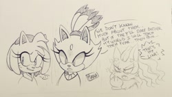 Size: 1280x725 | Tagged: safe, artist:askamaze, amy rose, blaze the cat, infinite the jackal, cat, hedgehog, jackal, 2018, amy x blaze, cute, english text, female, lesbian, line art, male, shipping, sketch, speech bubble, traditional media