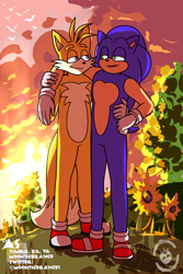 Size: 2000x3000 | Tagged: safe, artist:moontigerange1, artist:pmidor, miles "tails" prower, sonic the hedgehog, bird, 2024, abstract background, aged up, arm around shoulders, clouds, date, duo, gay, literal animal, looking at each other, older, outdoors, shipping, signature, sonic x tails, standing, sunset