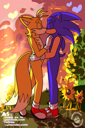 Size: 2000x3000 | Tagged: safe, artist:moontigerange1, artist:pmidor, miles "tails" prower, sonic the hedgehog, 2024, abstract background, aged up, clouds, date, duo, eyes closed, gay, heart, holding each other, kiss, looking at each other, older, outdoors, shipping, signature, sonic x tails, standing, sunset